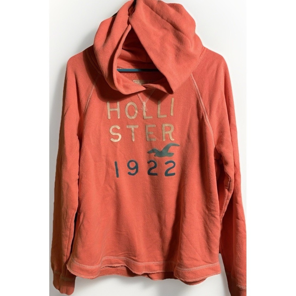 Y2K Hollister‎ Women Coral Pink Graphic Hoodie Raglan Pullover Large 1922 Logo
